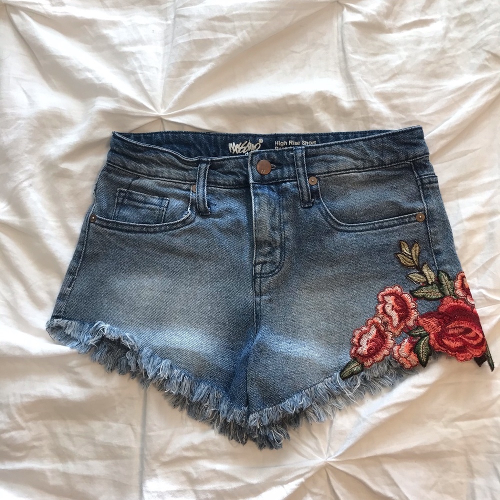 Floral Patch High Rise Cut-Off Denim Shorts
